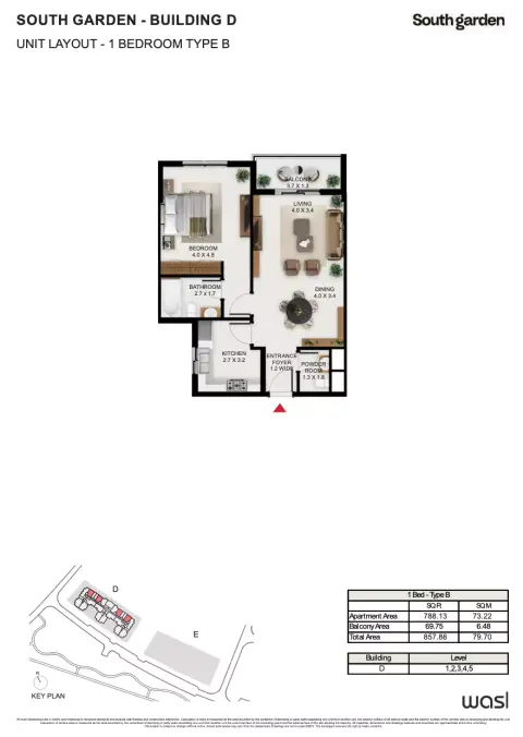 South Garden D: Floor plan Type B, 857 sq ft