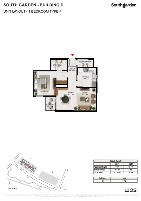 South Garden D: Floor plan Type F, 824 sq ft