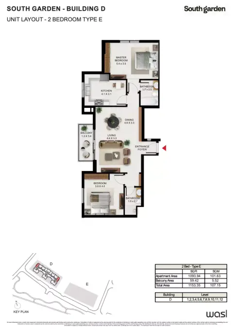 South Garden D: Floor plan Type E, 1,153 sq ft