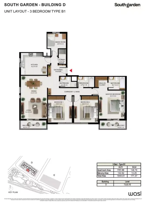 South Garden D: Floor plan Type B1, 1,844 sq ft