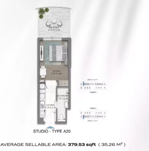 Velencia: Type A20, 379 sq ft 户型图