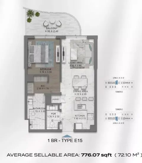 Velencia: Type E15, 776 sq ft 户型图