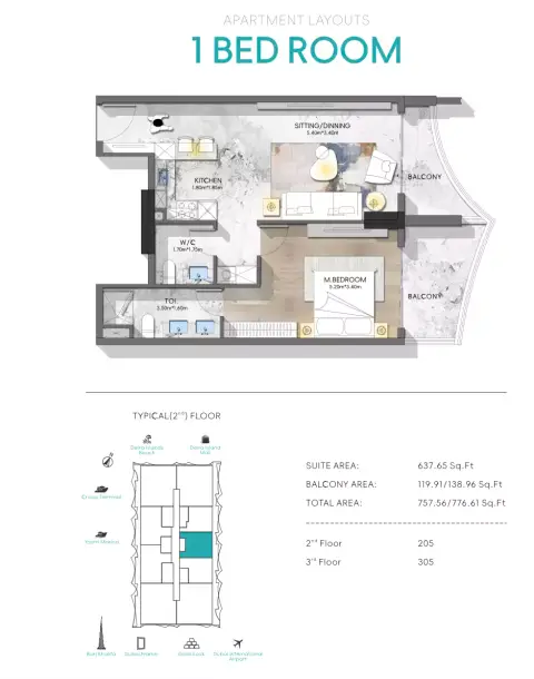 Nautis Residences: Floor plan Type B, 757 sq ft