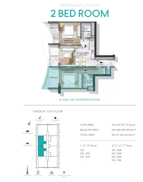 Nautis Residences: Floor plan Type B, 961 sq ft