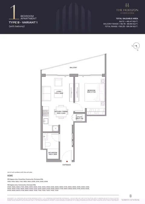 شوبا سنترال: مخطط الطابق Type B variant 1, 581 sq ft