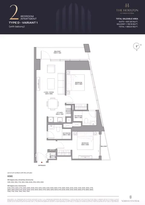 شوبا سنترال: مخطط الطابق Type D variant 1, 955 sq ft