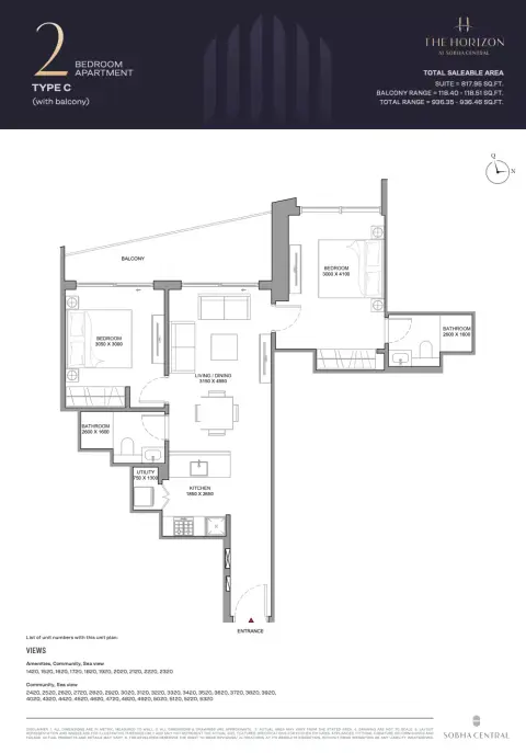 شوبا سنترال: مخطط الطابق Type A, 936 sq ft