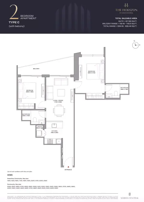 شوبا سنترال: مخطط الطابق Type C, 936 sq ft