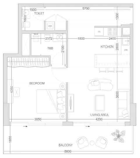 W1nner Tower: Floor plan Type B, 857 sq ft