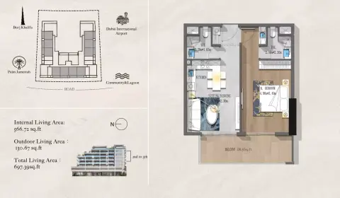 Andi Aura: Type 1, 697 sq ft 户型图