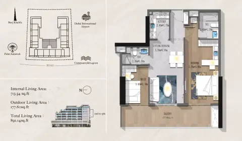 Andi Aura: Type 2, 891 sq ft 户型图