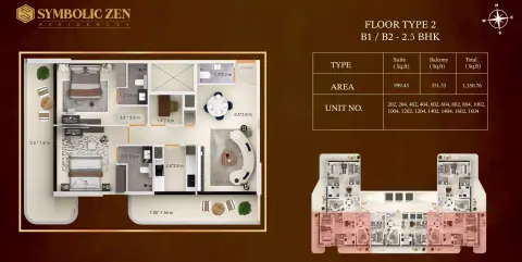 Symbolic Zen Residences: Plattegrond Type 2 B1 / B2, 1,350 sq ft