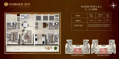 Symbolic Zen Residences: Plattegrond Type 1 & 2 C, 1,194 sq ft