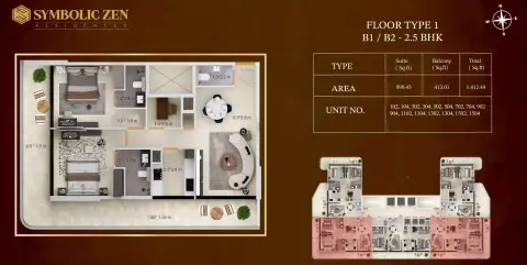 Symbolic Zen Residences: Plattegrond Type 1 B1 / B2, 1,412 sq ft