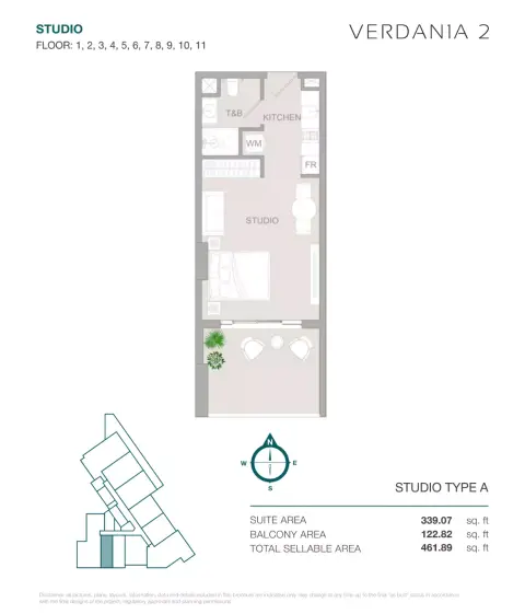 VERDAN1A Phase 2: Floor plan Type A, 461 sq ft