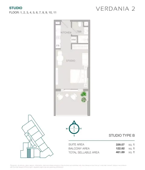 VERDAN1A Phase 2: Floor plan Type B, 461 sq ft