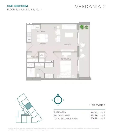 VERDAN1A Phase 2: Floor plan Type F, 754 sq ft