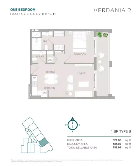VERDAN1A Phase 2: Floor plan Type B, 752 sq ft