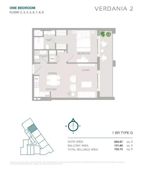 VERDAN1A Phase 2: Floor plan Type G, 752 sq ft