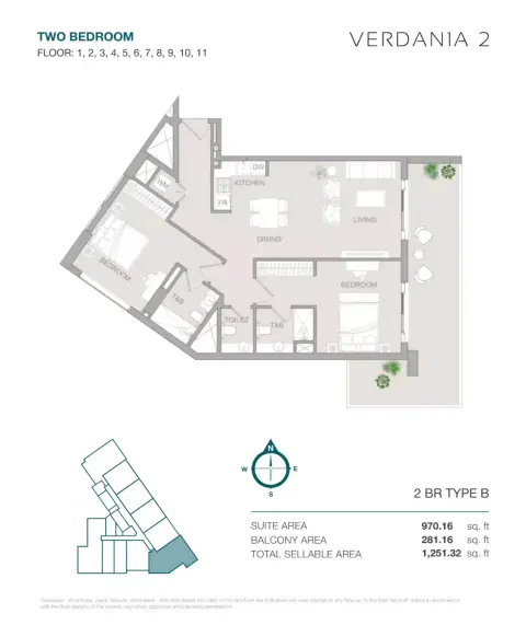 VERDAN1A Phase 2: Floor plan Type B, 1,251 sq ft