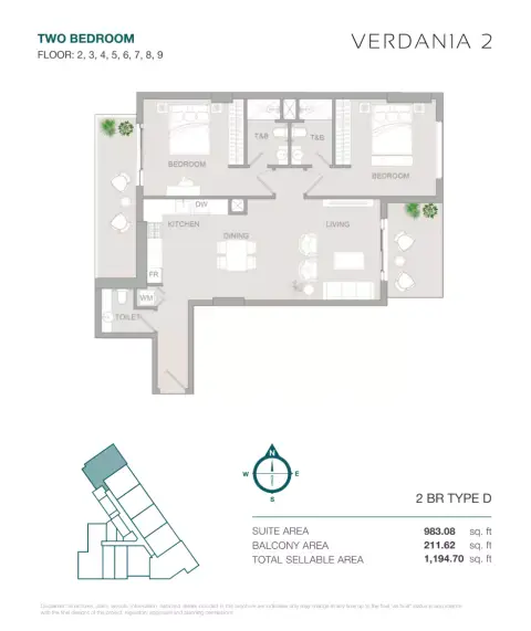VERDAN1A Phase 2: Floor plan Type D, 1,194 sq ft
