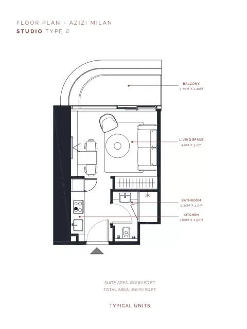 Azizi Milan 51: Floor plan Type 2, 356 sq ft