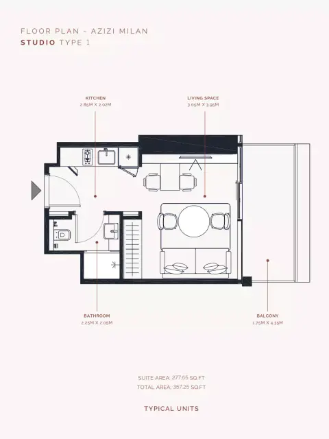 Azizi Milan 51: Floor plan Type 1, 357 sq ft