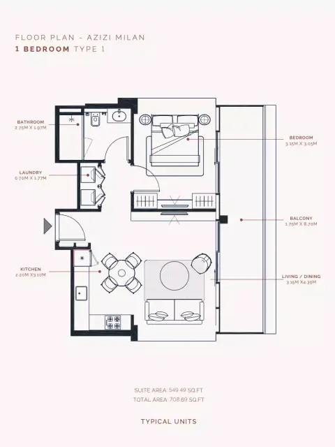 Azizi Milan 51: Floor plan Type 1, 708 sq ft