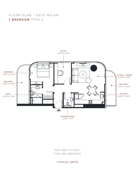 Azizi Milan 51: Floor plan Type 2, 776 sq ft