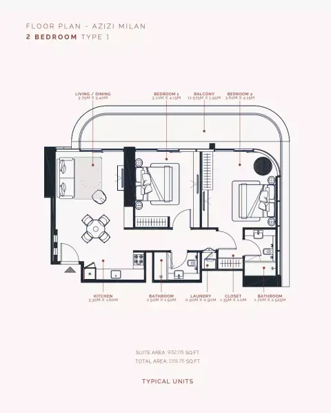 Azizi Milan 51: Floor plan Type 2, 932 sq ft