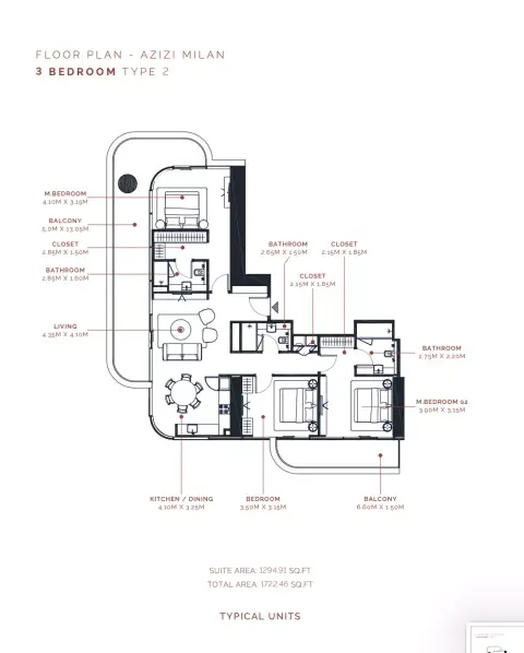Azizi Milan 51: Floor plan Type 2, 1,294 sq ft