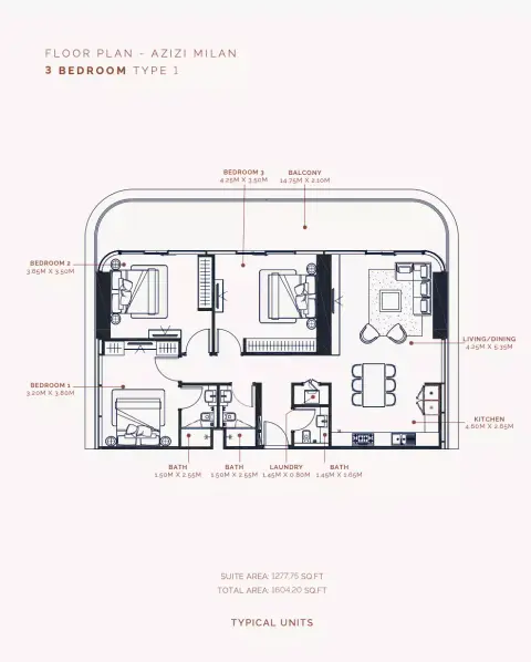 Azizi Milan 51: Floor plan Type 1, 1,277 sq ft