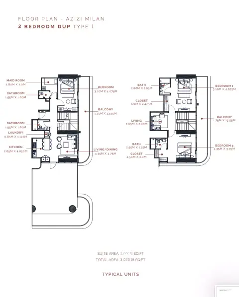 Azizi Milan 51: Floor plan Type 1 + Maid, 1,777 sq ft