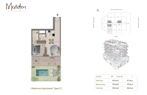ميريدن بيتش: مخطط الطابق Type C1, 1,145 sq ft