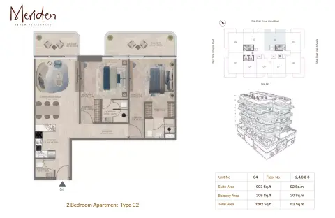 ميريدن بيتش: مخطط الطابق Type C2, 1,202 sq ft