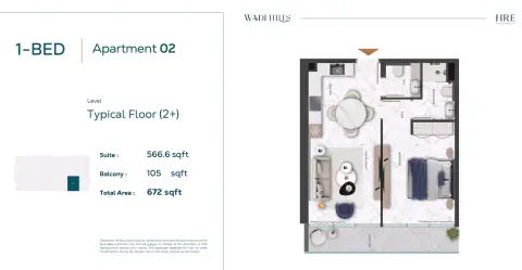 Wadi Hills: Floor plan Type 02, 672 sq ft