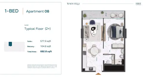 Wadi Hills: Floor plan Type 08, 682 sq ft