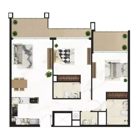 كورتيارد وان: مخطط الطابق Type 1, 1,108 sq ft