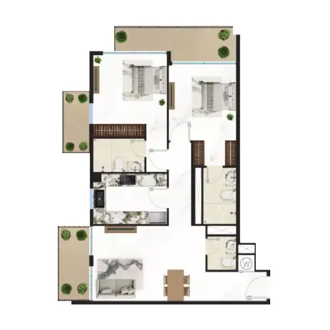 كورتيارد وان: مخطط الطابق Type 2, 1,128 sq ft