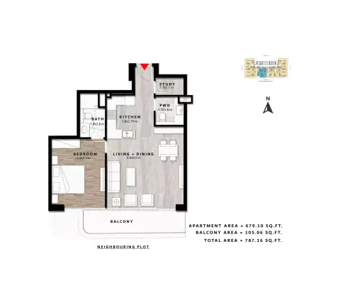 ريبوز ريزيدنس: مخطط الطابق Type H, 787 sq ft