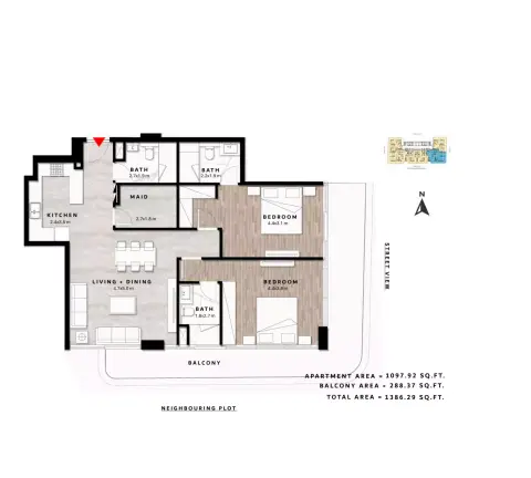 ريبوز ريزيدنس: مخطط الطابق Type D' | 2BR, 1,386 sq ft