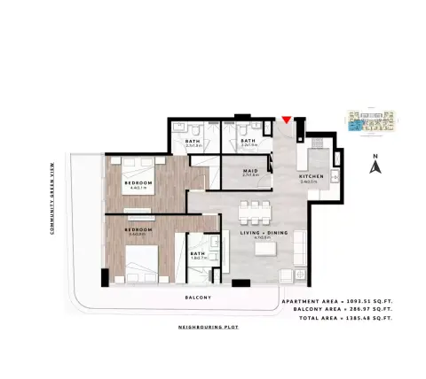 ريبوز ريزيدنس: مخطط الطابق Type A | 2BR, 1,385 sq ft