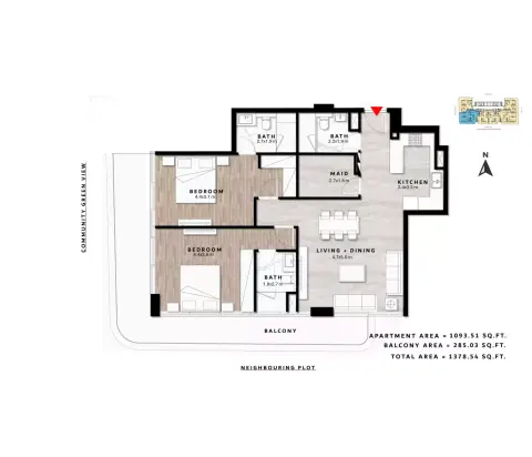 ريبوز ريزيدنس: مخطط الطابق Type C | 2BR, 1,378 sq ft