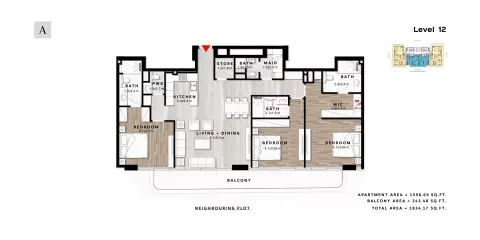 ريبوز ريزيدنس: مخطط الطابق Type A | Level 12, 1,834 sq ft