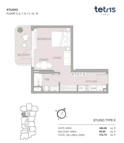Tetris Tower: Floor plan Studio Floor 3, 5, 7, 9, 11, 13, 15, 412 sq ft