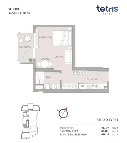Tetris Tower: Floor plan Studio Floor 4, 8, 12, 16, 418 sq ft
