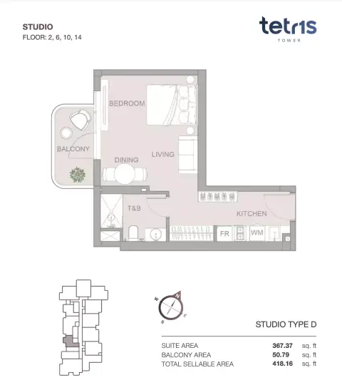 Tetris Tower: Floor plan Studio Floor 2 - 6 -10 - 14, 418 sq ft