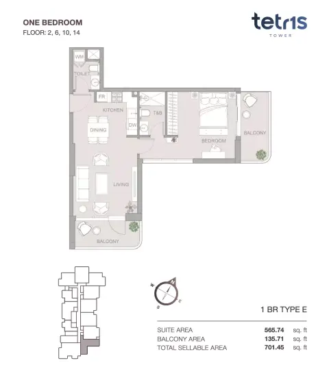 Tetris Tower: Floor plan One Bedroom Floor 2, 6, 10, 14, 701 sq ft