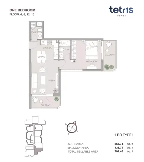 Tetris Tower: Floor plan One Bedroom Floor 4 ,8 ,12 ,16, 701 sq ft