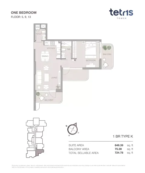 Tetris Tower: Floor plan One Bedroom Floor 5 - 9 -13, 724 sq ft